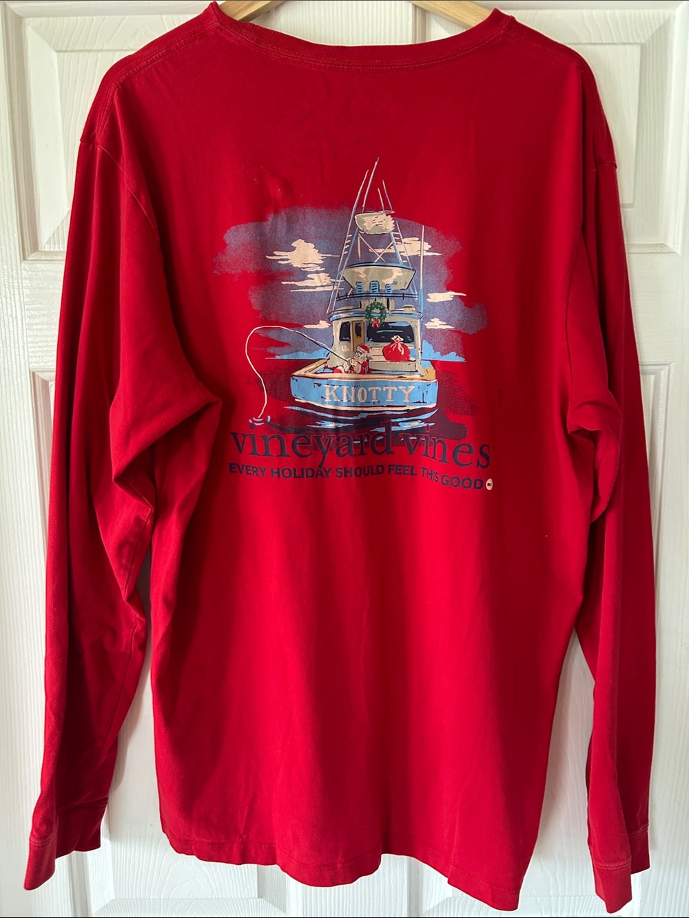 Vineyard Vines Red Long-Sleeve Graphic Tee with Boat Print